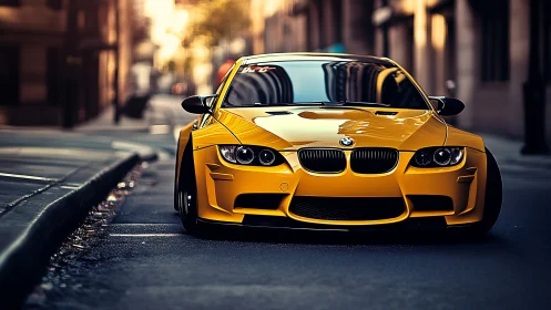 Yellow BMW sports car parked on empty city street at dusk.