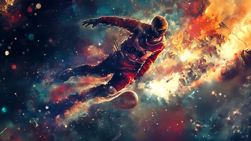 Astronaut drifts through a vibrant cosmic nebula in motion