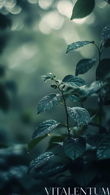 Quiet forest leaves rest under gentle morning raindrops