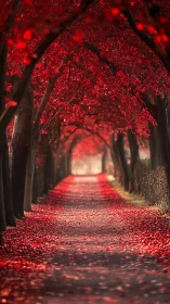 Scarlet tree tunnel frames a tranquil autumn walking path