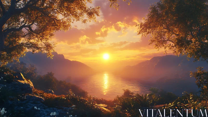 Sunset illuminates a mountainous lake framed by dense foliage