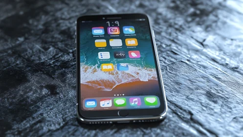 iPhone displaying iOS home screen with native app icons on weathered wooden surface texture