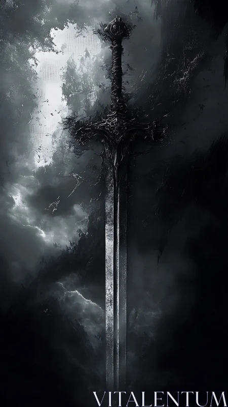 Dark fantasy greatsword in monochrome atmospheric composition.