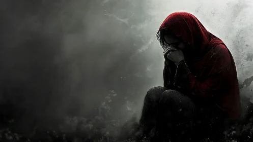 Hooded figure crouches in shadowed fog, face hidden in hands