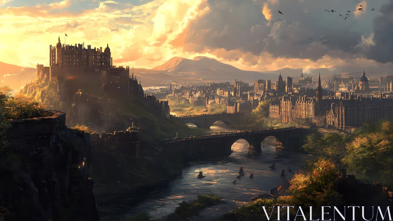 Sunlit castle city with river, bridges, and distant hills.
