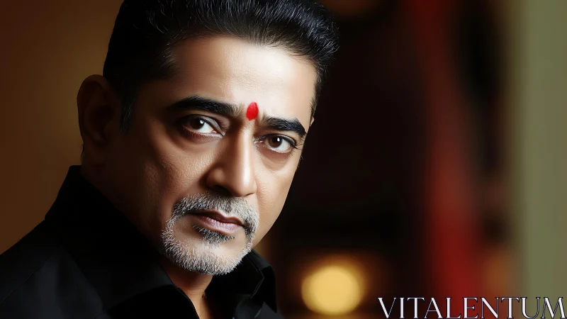 Warm portrait of a thoughtful man with a bright red tilak.