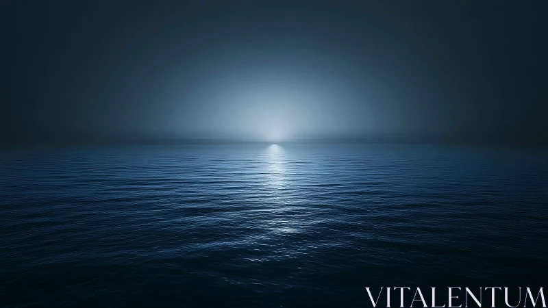 Blue ocean horizon with distant bright light at night.