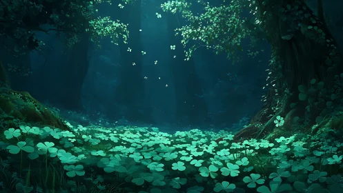 Luminescent forest floor with glowing clover-like plants in dark cavern