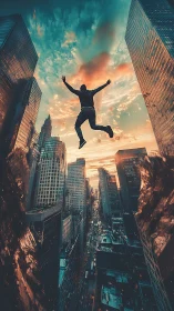 Silhouette leaping above dystopian city at burning sunset.