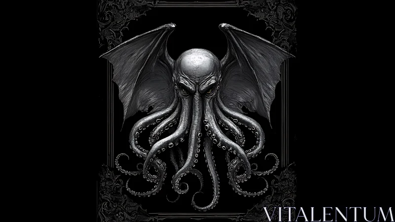 Winged Cthulhu bust with coiling tentacles on black field.