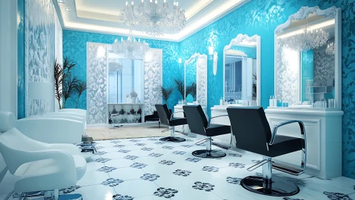 Luxurious turquoise salon interior with baroque mirrors and chandeliers.
