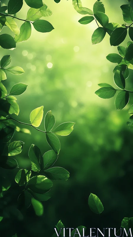 Green foliage border framing soft blurred forest light.
