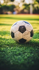 Weathered soccer ball resting on vivid sunlit turf field.