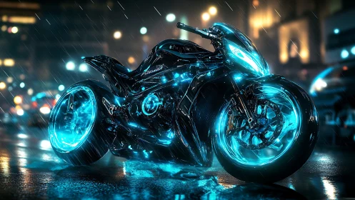 Electric blue cyber bike glows boldly in a rainy neon city