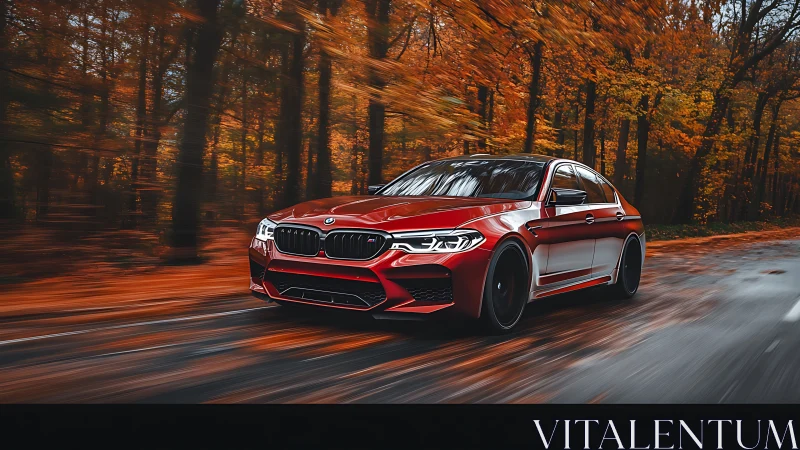 Red performance sedan powers through blurred autumn forest.