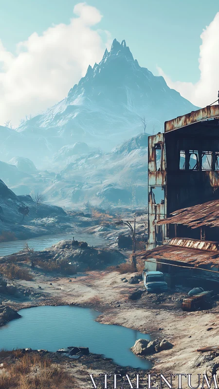 Snow-covered mountain rises behind derelict industrial site