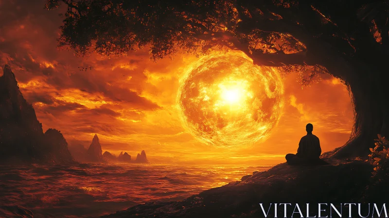 Calm sunset meditation beside a glowing celestial ocean.