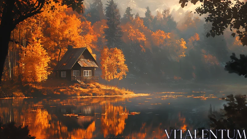 Cabin by calm forest lake under bright autumn foliage.