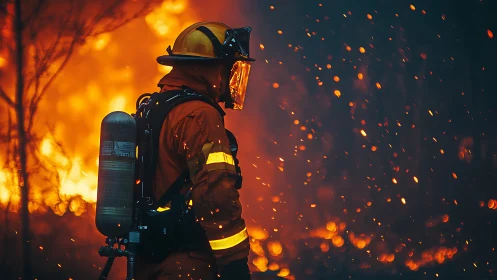 Firefighter Positioned Against Intense Wildfire Blaze