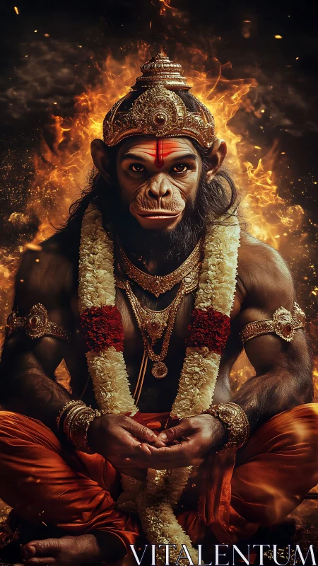 Serene monkey deity in glowing garlands and sacred fire.