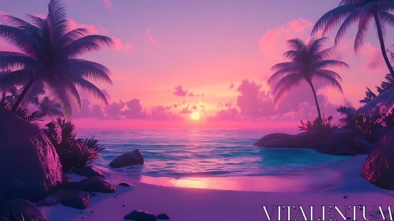 Neon dusk over tranquil tropical bay with glowing horizon.