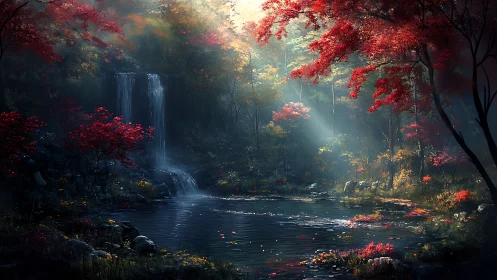 Gentle waterfall glows in a quiet autumn forest sanctuary