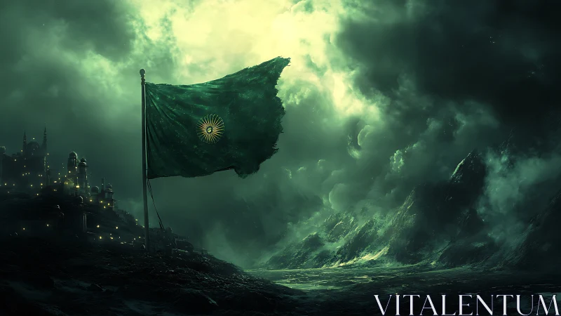 Storm-lit emerald war banner dominates a misty fortified valley