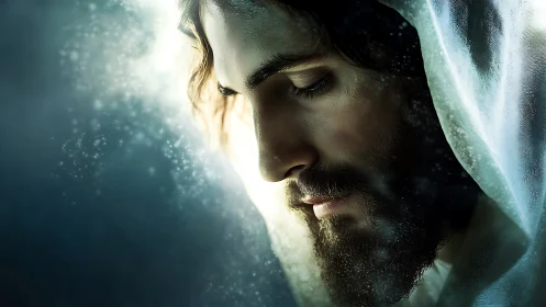 Gentle light on a peaceful, contemplative bearded face.