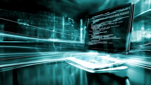 Neon code storm racing across a high-speed cyber laptop.