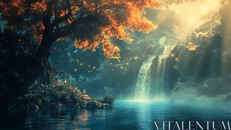 Digital forest waterfall scene with orange foliage and pool.