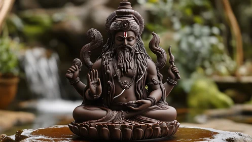 Bronze meditative deity statue rests before blurred waterfall