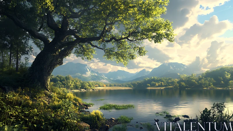 Lone tree by calm mountain lake under bright daylight.