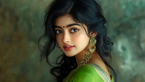 Portrait of young woman in green saree with gold jewelry.