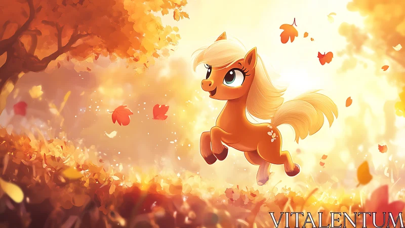 Autumn backlit cartoon foal rendered in warm volumetric light