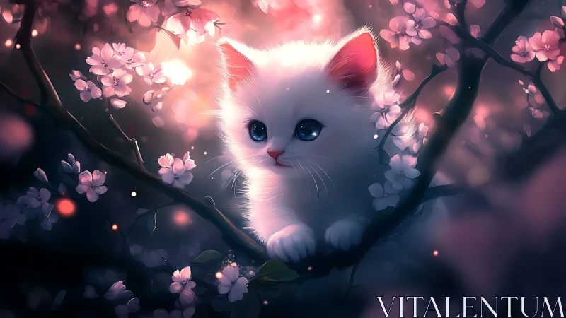 White Kitten in Blooming Cherry Blossoms at Twilight Hour
