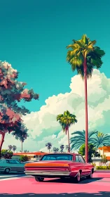 Classic red car waits under tall palm trees in retro lot