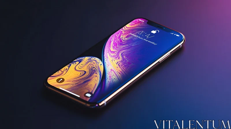 Neon-slick smartphone dreaming in swirling cosmic colorfields.