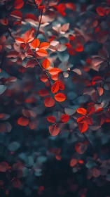 Crimson foliage bokeh with teal-toned botanical background.
