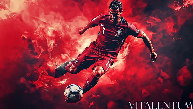 Dynamic digital art of soccer player kicking the ball hard.
