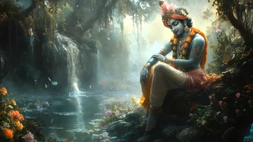 Serene blue-skinned deity rests by luminous waterfall pool