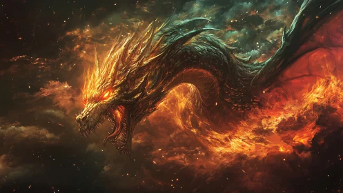 Infernal dragon crowned in flame amid stormfire skies.