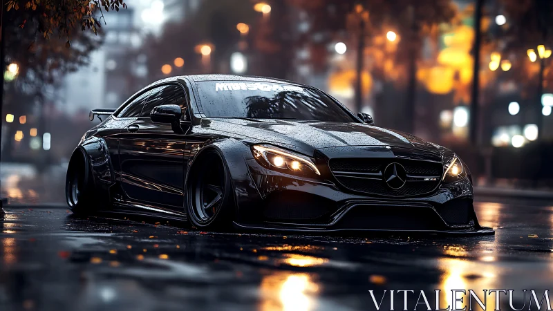 Lowered black Mercedes coupe glides through rain slick urban night