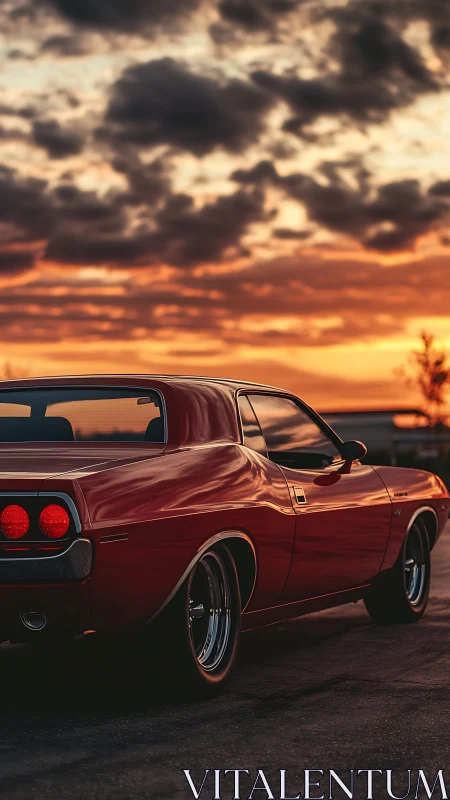 Vintage red muscle car rendered against a dramatic sunset sky