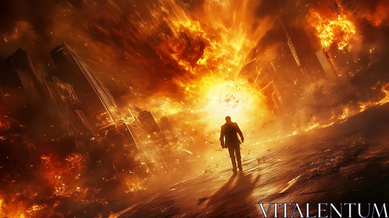 Silhouette man walks toward massive urban firestorm explosion