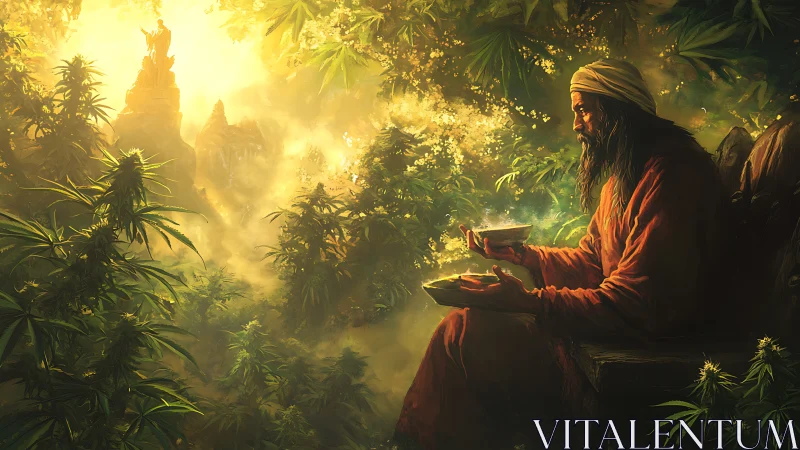 Gentle sage resting in a golden forest of drifting light.