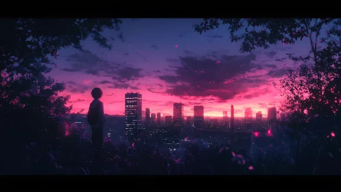 Solitary silhouette overlooks neon dusk city skyline.