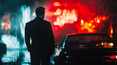 Solitary man in rainlit neon alley beside sleek car at night.