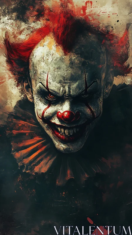 Sinister red-haired clown portrait with menacing bloody grin