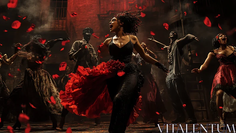 Fiery red-dressed dancer leading a powerful night carnival.