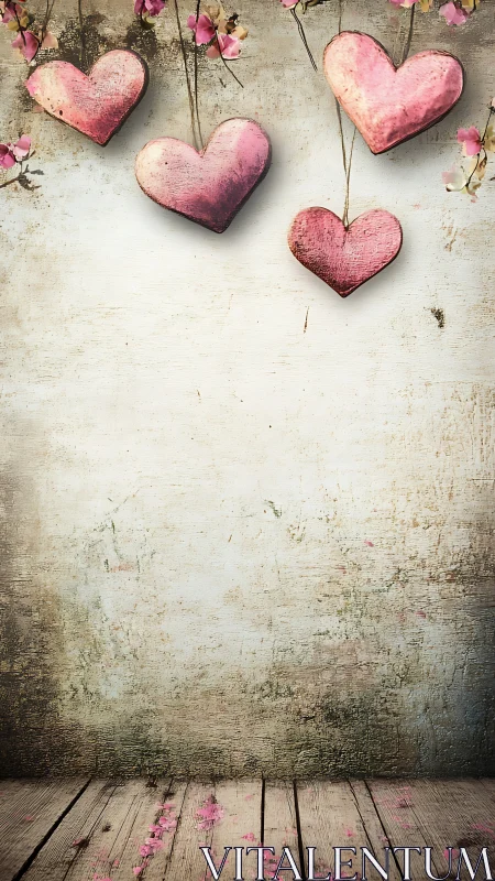 Rustic wooden hearts drift above a timeworn love stage.